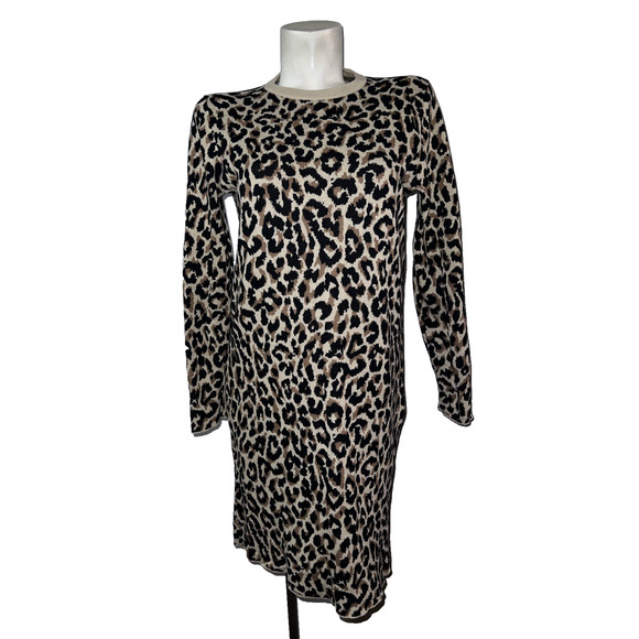 J Crew Tan Brown Leopard Animal Print Sweater Knit Pullover Shift Dress Size M - Picture 1 of 9